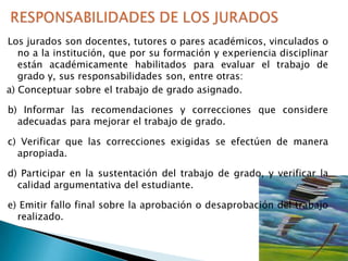 Los jurados son docentes, tutores o pares académicos, vinculados o
no a la institución, que por su formación y experiencia disciplinar
están académicamente habilitados para evaluar el trabajo de
grado y, sus responsabilidades son, entre otras:
a) Conceptuar sobre el trabajo de grado asignado.

b) Informar las recomendaciones y correcciones que considere
adecuadas para mejorar el trabajo de grado.
c) Verificar que las correcciones exigidas se efectúen de manera
apropiada.
d) Participar en la sustentación del trabajo de grado, y verificar la
calidad argumentativa del estudiante.

e) Emitir fallo final sobre la aprobación o desaprobación del trabajo
realizado.

 