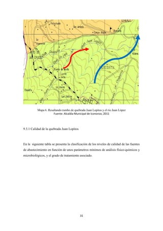 31
Mapa 6. Resaltando rumbo de quebrada Juan Lopitos y el rio Juan López
Fuente: Alcaldia Municipal de Icononzo, 2011
9.3.1 Calidad de la quebrada Juan Lopitos
En la siguiente tabla se presenta la clasificación de los niveles de calidad de las fuentes
de abastecimiento en función de unos parámetros mínimos de análisis físico-químicos y
microbiológicos, y el grado de tratamiento asociado.
 