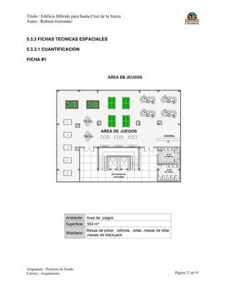 Título : Edificio Híbrido para Santa Cruz de la Sierra
Autor : Robson Ferronato
Asignatura : Proyecto de Grado
Carrera : Arquitectura Página 71 de 91
5.3.3 FICHAS TECNICAS ESPACIALES
5.3.3.1 CUANTIFICACION
FICHA #1
 