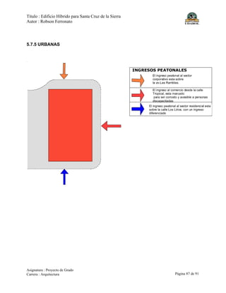 Título : Edificio Híbrido para Santa Cruz de la Sierra
Autor : Robson Ferronato
Asignatura : Proyecto de Grado
Carrera : Arquitectura Página 87 de 91
5.7.5 URBANAS
INGRESOS PEATONALES
El ingreso al comercio desde la calle
Tropical, esta marcado
para ser comodo y acesible a personas
discapacitadas
El ingreso peatonal al sector
corporativo esta sobre
la av.Las Ramblas.
El ingreso peatonal al sector residencial esta
sobre la calle Los Lirios. con un ingreso
diferenciado
 