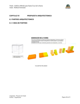 Título : Edificio Híbrido para Santa Cruz de la Sierra
Autor : Robson Ferronato
Asignatura : Proyecto de Grado
Carrera : Arquitectura Página 88 de 91
CAPITULO VI PROPUESTA ARQUITECTONICA
6.1 PARTIDO ARQUITECTONICO
6.1.1 IDEA DE PARTIDO
VOLUMETRIA PRELIMINAR
 