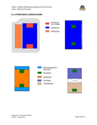 Título : Edificio Híbrido para Santa Cruz de la Sierra
Autor : Robson Ferronato
Asignatura : Proyecto de Grado
Carrera : Arquitectura Página 89 de 91
6.1.2 PROPUESTA ZONIFICACION
COMERCIO
INGRESOS
A LA TORRE
PARQUEOS
NIVEL 1PLANTA BAJA
RESTAURANTES Y
COCINAS
PALIERES
COMEDOR
PLANTA TIPO
OFICINAS
RESIDENCIA
NIVEL 3
 
