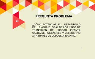 “ ¿CÓMO POTENCIAR EL DESARROLLO
DEL LENGUAJE ORAL DE LOS NIÑOS DE
TRANSICION DEL HOGAR INFANTIL
CASITA DE RUISEÑORES Y COLEGIO PIO
XII A TRAVÉS DE LA POESÍA INFANTIL?
14
PREGUNTA PROBLEMA
 