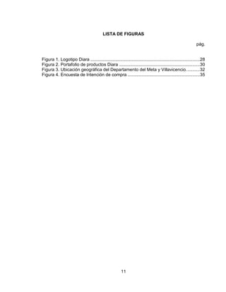 LISTA DE FIGURAS

                                                                                                             pág.


Figura 1. Logotipo Diara ........................................................................................ 28
Figura 2. Portafolio de productos Diara ................................................................. 30
Figura 3. Ubicación geográfica del Departamento del Meta y Villavicencio. .......... 32
Figura 4. Encuesta de Intención de compra .......................................................... 35




                                                        11
 
