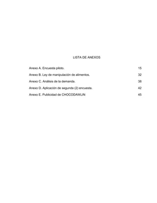 LISTA DE ANEXOS


Anexo A. Encuesta piloto.                       15

Anexo B. Ley de manipulación de alimentos.      32

Anexo C. Análisis de la demanda.                38

Anexo D. Aplicación de segunda (2) encuesta.    42

Anexo E. Publicidad de CHOCODAWLIN              45
 