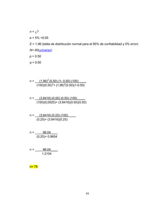 n = ¿?
e = 5% =0.05
Z = 1.96 (tabla de distribución normal para el 95% de confiabilidad y 5% error)
N= 90(universo)
p = 0.50
q = 0.50




n = __ (1.96)2 (0,50) (1- 0.50) (100) ____
     (100)(0,50)2+ (1,96)2(0.50)(1-0.50)



n = __ (3.8416) (0,50) (0.50) (100) ____
     (100)(0,0025)+ (3.8416)(0.50)(0.50)



n = __ (3.8416) (0.25) (100) ____
     (0,25)+ (3.8416)(0.25)



n = __ 96.04____
     (0,25)+ 0.9604



n = __      96.04____
           1.2104



n= 79




                                         43
 