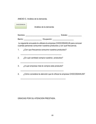 ANEXO C. Análisis de la demanda.

CHOCODAWLIN
                    Análisis de la demanda



 Nombre: _________________________________ Estrato: _____________

 Barrio: _________________ Ocupación: ____________________

  La siguiente encuesta la utilizara la empresa CHOCODAWLIN para conocer
 cuantas personas consumen nuestros productos y con qué frecuencia.

 1.     ¿Con que frecuencia consume nuestros productos?

      _______________________________________

 2.     ¿En qué cantidad compra nuestros productos?

      _________________________________________

 3.     ¿A qué empresa más le compra este producto?

      _________________________________________

 4.     ¿Cómo considera la atención que le ofrece la empresa CHOCODAWLIN?

      ___________________________________________




 GRACIAS POR SU ATENCION PRESTADA.




                                       89
 
