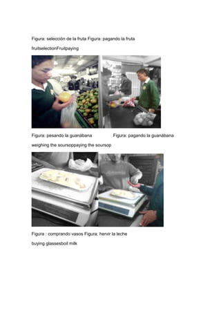 Figura: selección de la fruta Figura: pagando la fruta

fruitselectionFruitpaying




Figura: pesando la guanábana              Figura: pagando la guanábana

weighing the soursoppaying the soursop




Figura : comprando vasos Figura: hervir la leche

buying glassesboil milk
 