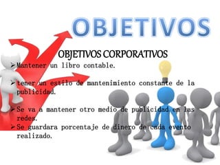 OBJETIVOS CORPORATIVOS
Mantener un libro contable.
tener un estilo de mantenimiento constante de la
publicidad.
Se va a mantener otro medio de publicidad en las
redes.
Se guardara porcentaje de dinero de cada evento
realizado.
 