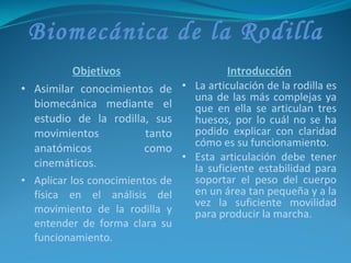 Biomecánica de la Rodilla ,[object Object],[object Object],[object Object],[object Object],[object Object],[object Object]