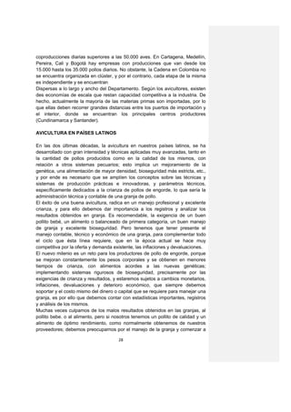 coproducciones diarias superiores a las 50.000 aves. En Cartagena, Medellín,
Pereira, Cali y Bogotá hay empresas con producciones que van desde los
15.000 hasta los 35.000 pollos diarios. No obstante, la Cadena en Colombia no
se encuentra organizada en clúster, y por el contrario, cada etapa de la misma
es independiente y se encuentran
Dispersas a lo largo y ancho del Departamento. Según los avicultores, existen
des economías de escala que restan capacidad competitiva a la industria. De
hecho, actualmente la mayoría de las materias primas son importadas, por lo
que ellas deben recorrer grandes distancias entre los puertos de importación y
el interior, donde se encuentran los principales centros productores
(Cundinamarca y Santander).

AVICULTURA EN PAÍSES LATINOS

En las dos últimas décadas, la avicultura en nuestros países latinos, se ha
desarrollado con gran intensidad y técnicas aplicadas muy avanzadas, tanto en
la cantidad de pollos producidos como en la calidad de los mismos, con
relación a otros sistemas pecuarios; esto implica un mejoramiento de la
genética, una alimentación de mayor densidad, bioseguridad más estricta, etc.,
y por ende es necesario que se amplíen los conceptos sobre las técnicas y
sistemas de producción prácticas e innovadoras, y parámetros técnicos,
específicamente dedicados a la crianza de pollos de engorde, lo que sería la
administración técnica y contable de una granja de pollo.
El éxito de una buena avicultura, radica en un manejo profesional y excelente
crianza, y para ello debemos dar importancia a los registros y analizar los
resultados obtenidos en granja. Es recomendable, la exigencia de un buen
pollito bebé, un alimento o balanceado de primera categoría, un buen manejo
de granja y excelente bioseguridad. Pero tenemos que tener presente el
manejo contable, técnico y económico de una granja, para complementar todo
el ciclo que ésta línea requiere, que en la época actual se hace muy
competitiva por la oferta y demanda existente, las inflaciones y devaluaciones.
El nuevo milenio es un reto para los productores de pollo de engorde, porque
se mejoran constantemente los pesos corporales y se obtienen en menores
tiempos de crianza, con alimentos acordes a las nuevas genéticas;
implementando sistemas rigurosos de bioseguridad, precisamente por las
exigencias de crianza y resultados, y estaremos sujetos a cambios monetarios,
inflaciones, devaluaciones y deterioro económico, que siempre debemos
soportar y el costo mismo del dinero o capital que se requiere para manejar una
granja, es por ello que debemos contar con estadísticas importantes, registros
y análisis de los mismos.
Muchas veces culpamos de los malos resultados obtenidos en las granjas, al
pollito bebe. o al alimento, pero si nosotros tenemos un pollito de calidad y un
alimento de óptimo rendimiento, como normalmente obtenemos de nuestros
proveedores; debemos preocuparnos por el manejo de la granja y comenzar a

                                      28
 