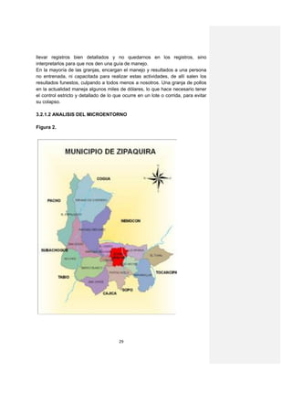 llevar registros bien detallados y no quedarnos en los registros, sino
interpretarlos para que nos den una guía de manejo.
En la mayoría de las granjas, encargan el manejo y resultados a una persona
no entrenada, ni capacitada para realizar estas actividades, de allí salen los
resultados funestos, culpando a todos menos a nosotros. Una granja de pollos
en la actualidad maneja algunos miles de dólares, lo que hace necesario tener
el control estricto y detallado de lo que ocurre en un lote o corrida, para evitar
su colapso.

3.2.1.2 ANALISIS DEL MICROENTORNO

Figura 2.




                                       29
 