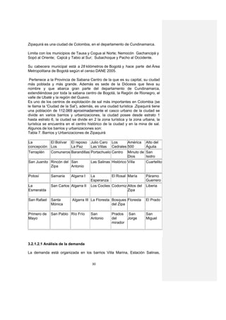 Zipaquirá es una ciudad de Colombia, en el departamento de Cundinamarca.

Limita con los municipios de Tausa y Cogua al Norte; Nemocón Gachancipá y
Sopó al Oriente; Cajicá y Tabio al Sur; Subachoque y Pacho al Occidente.

Su cabecera municipal está a 28 kilómetros de Bogotá y hace parte del Área
Metropolitana de Bogotá según el censo DANE 2005.

 Pertenece a la Provincia de Sabana Centro de la que es su capital, su ciudad
más poblada y más grande. Además es sede de la Diócesis que lleva su
nombre y que abarca gran parte del departamento de Cundinamarca,
extendiéndose por toda la sabana centro de Bogotá, la Región de Rionegro, el
valle de Ubaté y la región del Guavio.
Es uno de los centros de explotación de sal más importantes en Colombia (se
le llama la 'Ciudad de la Sal'), además, es una ciudad turística .Zipaquirá tiene
una población de 112.069 aproximadamente el casco urbano de la ciudad se
divide en varios barrios y urbanizaciones, la ciudad posee desde estrato 1
hasta estrato 6, la ciudad se divide en 2 la zona turística y la zona urbana, la
turística se encuentra en el centro histórico de la ciudad y en la mina de sal.
Algunos de los barrios y urbanizaciones son:
Tabla 7. Barrios y Urbanizaciones de Zipaquirá

La          El Bolívar El reposo Julio Caro Los         América         Alto del
concepción Los         La Paz     Las Villas Cedrales 500               Águila
Terraplén   Comuneros Barandillas Portachuelo Centro Minuto de          San
                                                        Dios            Isidro
San Juanito Rincón del San        Las Salinas Histórico Villa           Cuartelito
            Zipa       Antonio

Potosí        Samaria     Algarra I   La          El Rosal María        Páramo
                                      Esperanza                         Guerrero
La            San Carlos Algarra II   Los Coclies Codorniz Altos del    Liberia
Esmeralda                                                  Zipa

San Rafael    Santa        Algarra III La Floresta Bosques Floresta     El Prado
              Mónica                               del Zipa

Primero de    San Pablo Río Frío      San          Prados San           San
Mayo                                  Antonio      del     Jorge        Miguel
                                                   mirador




3.2.1.2.1 Análisis de la demanda

La demanda está organizada en los barrios Villa Marina, Estación Salinas,


                                       30
 