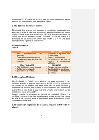 la manipulación e higiene del producto tiene una mayor complejidad ya que
tiene un alto nivel valorativo para la empresa Galpollo.

3.2.2.2 Potencial del mercado en cifras.

El potencial de la empresa con respecto a lo municipal es aproximadamente
200 mujeres amas de casa que cumplen con las especificaciones del público
objetivo como lo son edades entre los 25 y 40 años de edad ubicadas en los
barrios Villa Marina, Estación Salinas, Comuneros, Prados del Mirador y la
Esmeralda, en los cuales viven familias con estratos 2 y 3, con uno a dos
salarios mínimos vigentes en aproximación.

3.2.3 Análisis DOFA
Tabla 8.

             DEBILIDADES                              FORTALEZAS
    Fácil      descomposición       del       Su tamaño es agradable para
     producto                                   la comunidad
    Difícil acceso a la materia prima         Su sabor es inigualable
    Demora del proceso evolutivo del          Su alimentación es libre de
     producto                                   químicos     y   conservantes
                                                artificiales
         OPORTUNIDADES                                 AMENAZAS
    Fácil distribución por su cercanía        Robo por parte de pandillas
    Su fácil comercialización                 Cambio de Clima o ambiente
    Su evolución es factible                  Enfermedades      transmitidas
                                                por pestes

3.2.4 Concepto del Producto.

El pollo ofrecido por Galpollo es un animal el cual posee vitaminas y rico en
proteínas vitamina A, vitamina, hierro, fósforo y ácido nicotínico, lo cual lo ha
de convertir en un alimento que tiene bases para un buen desarrollo y
crecimiento del individuo o ser humano; el producto ofrecido pesa alrededor de
cuatro libras a siete libras, al igual que toma un color amarillento el cual es
indicio de su buena alimentación.
Nuestro producto es empacado en bandeja no reutilizable número 2, y
recubierto con papel vinipel, con una etiqueta de tamaño un cuarto de carta y
en esta se da a conocer fecha de vencimiento, fecha de expedición y lugar
donde se hizo, entre otros.

3.2.5 Elaboración y aplicación de la segunda encuesta (Satisfacción del
cliente).




                                       32
 