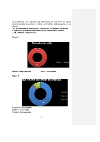 En la encuesta cada respuesta está determinada por unas letras las cuales
determinan cada respuesta en la tabla, como también cada pregunta con su
número.
% = a personas que respondieron esta opción, esa dada en porcentaje
# = personas que respondieron esta opción, está dada en numero
3.2.5.3 Análisis y conclusiones.

Figura 3.




Muerto: 58 encuestados             Vivo: 1 encuestado

Figura 4.




Calidad: 52 encuestados
Precio: 1 encuestado
Tamaño: 6 encuestados


                                   34
 