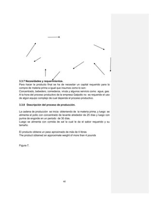 3.3.7 Necesidades y requerimientos.
Para hacer le producto final se ha de necesitar un capital requerido para la
compra de materia prima a igual que insumos como lo son:
Concentrado, bebedero, comederos, viruta y algunos servicio como agua, gas.
A la hora del proceso productivo de la empresa Galpollo no es requerido el uso
de algún equipo complejo de cual dependa el proceso productivo.

3.3.8 Descripción del proceso de producción.

La cadena de producción se inicia obteniendo de la materia prima, y luego se
alimenta el pollo con concentrado de levante alrededor de 25 días y luego con
purina de engorde en un periodo de 30 días.
Luego se alimenta con comida de sal la cual le da el sabor requerido y su
tamaño.

El producto obtiene un peso aproximado de más de 4 libras
The product obtained an approximate weight of more than 4 pounds


Figura 7.




                                     40
 