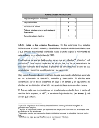ACTIVIDADES DE FINANCIACIÓN

       Pago de obligaciones financieras                              $        0

       Pago de utilidades                                            $        0

       Incremento de aportes                                         $        0

       Flujo de efectivo neto en actividades de                      $        0
       financiación

       Aumento neto en efectivo                                      $        0




3.5.2.4 Notas a los estados financieros. En los anteriores tres estados
financieros se a tomado un tiempo de referencia desde el comienzo de la empresa
y sus primeros movimientos financieros hasta el último ingreso o movimiento de
caja realizado en el año electivo del 2011.

En el balance general se divide en tres partes que son: el activo69, el pasivo70 y el
patrimonio71, este estado financiero le informa en una fecha determinada la
situación financiera de la empresa al presentar de forma resumida el valor de sus
propiedades y derechos sus obligaciones y su patrimonio.

Otro estado financiero básico es el flujo de caja que muestra el efectivo generado
en las actividades de operación, inversión y financiación. El efectivo esta
conformado por el dinero disponible en caja y en bancos y el equivalente de
efectivo por los depósitos e inversión con vencimiento no superior a tres meses.

El flujo de caja esta compuesto por un encabezado en donde debe ir escrito el
nombre de la empresa, el NIT72, el estado de flujo de efectivo (ver Anexo I) y el
año en que se hace.



69
  Agrupa el conjunto de las cunetas que representan los bienes y derechos intangibles de
propiedad de la empresa.
70
   Agrupa le conjunto de cunetas que representa las obligaciones contraídas por la empresa para
el desarrollo de sus actividades.
71
   Agrupa las cuentas que representa el valor residual de comparar el activo total menos el pasivo
total
72
  El NIT es una sigla que significa Numero de Identificación Tributaria
                                               104
 