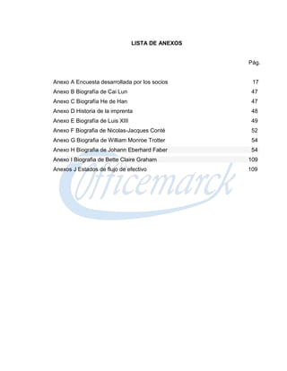 LISTA DE ANEXOS


                                                   Pág.


Anexo A Encuesta desarrollada por los socios        17
Anexo B Biografía de Cai Lun                        47
Anexo C Biografía He de Han                         47
Anexo D Historia de la imprenta                     48
Anexo E Biografía de Luis XIII                      49
Anexo F Biografia de Nicolas-Jacques Conté          52
Anexo G Biografia de William Monroe Trotter         54
Anexo H Biografia de Johann Eberhard Faber          54
Anexo I Biografia de Bette Claire Graham           109
Anexos J Estados de flujo de efectivo              109
 