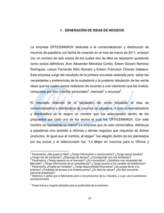 1. GENERACIÓN DE IDEAS DE NEGOCIO




La empresa OFFICEMARCK dedicada a la comercialización y distribución de
insumos de papelería con fecha de creación en el mes de marzo de 2011, empezó
con un número de seis socios de los cuales dos de ellos se separaron quedando
como socios definitivos Jhon Alexander Mendoza Cortes, Edwin Giovani Ramírez
Rodríguez, Leison Fernando Niño Romero y Edison Francisco Chisnes Galeano.
Esta empresa surge del resultado de la primera encuesta realizada para saber las
necesidades y preferencias de la ciudadanía y la posterior tabulación de las veinte
ideas que los cuatro socios realizaron de acuerdo a una valoración que las evalúa,
compuesto por tres criterios: personales3, mercado4 y recursos5.


El resultado obtenido de la tabulación dio como resultado la idea de
comercializadora y distribuidora de insumos de papelería. A esta comercializadora
y distribuidora se le asignó un nombre que fue seleccionado dentro de los
propuestos por cada uno de los socios el cual fue OFFICEMARCK. Con este
nombre se representa su marca6.La empresa que no solo comercializa, distribuye
a papelerías sino también a oficinas y demás negocios que requieran de dichos
productos. Al igual que el nombre, el slogan7 fue elegido dentro de los planteados
por los socios y el seleccionado fue, “Lo Mejor en Insumos para tu Oficina y


3
  Parámetros ¿Me gusta la idea? ¿Tengo información o conocimiento? ¿Tengo apoyo familiar?
¿Tengo red de contactos? ¿Dispongo de tiempo? ¿Corresponde con mis fortalezas?
4
  Parámetros ¿Tengo espacio en el mercado? ¿Es innovadora? ¿Satisface una necesidad del
Mercado? ¿Tengo información de la competencia? ¿Tengo acceso a los canales de distribución?
5
  Parámetros ¿Puede ser rentable? ¿Tengo disponibilidad financiera? ¿Se puede llevar a la
práctica? ¿Facilidad de acceso a la materia prima? ¿Es fácil de ubicar? ¿Es fácil encontrar
personal preparado?
6
  Distintivo o señal que el fabricante pone a los productos de su industria, y cuyo uso le pertenece
exclusivamente
7
    Frase breve y original utilizada para la publicidad de la empresa



                                                    16
 