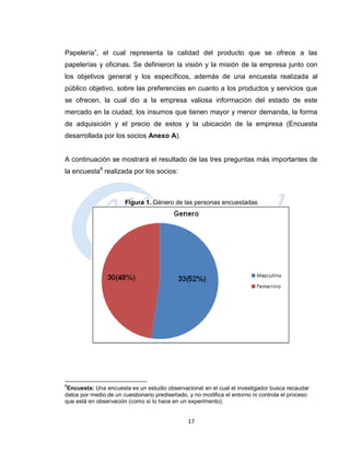 Papelería”, el cual representa la calidad del producto que se ofrece a las
papelerías y oficinas. Se definieron la visión y la misión de la empresa junto con
los objetivos general y los específicos, además de una encuesta realizada al
público objetivo, sobre las preferencias en cuanto a los productos y servicios que
se ofrecen, la cual dio a la empresa valiosa información del estado de este
mercado en la ciudad, los insumos que tienen mayor y menor demanda, la forma
de adquisición y el precio de estos y la ubicación de la empresa (Encuesta
desarrollada por los socios Anexo A).


A continuación se mostrará el resultado de las tres preguntas más importantes de
la encuesta8 realizada por los socios:



                       Figura 1. Género de las personas encuestadas




8
 Encuesta: Una encuesta es un estudio observacional en el cual el investigador busca recaudar
datos por medio de un cuestionario prediseñado, y no modifica el entorno ni controla el proceso
que está en observación (como sí lo hace en un experimento).


                                               17
 