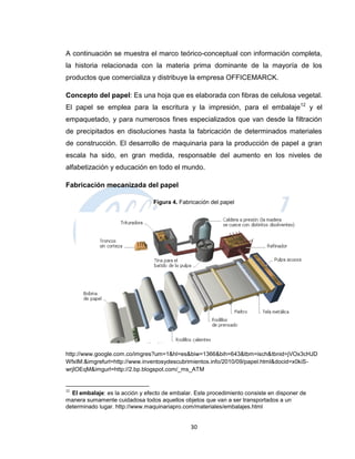 A continuación se muestra el marco teórico-conceptual con información completa,
la historia relacionada con la materia prima dominante de la mayoría de los
productos que comercializa y distribuye la empresa OFFICEMARCK.

Concepto del papel: Es una hoja que es elaborada con fibras de celulosa vegetal.
El papel se emplea para la escritura y la impresión, para el embalaje 12 y el
empaquetado, y para numerosos fines especializados que van desde la filtración
de precipitados en disoluciones hasta la fabricación de determinados materiales
de construcción. El desarrollo de maquinaria para la producción de papel a gran
escala ha sido, en gran medida, responsable del aumento en los niveles de
alfabetización y educación en todo el mundo.

Fabricación mecanizada del papel

                                 Figura 4. Fabricación del papel




http://www.google.com.co/imgres?um=1&hl=es&biw=1366&bih=643&tbm=isch&tbnid=jVOx3cHJD
WfxIM:&imgrefurl=http://www.inventosydescubrimientos.info/2010/09/papel.html&docid=x0kiS-
wrjIOEqM&imgurl=http://2.bp.blogspot.com/_ms_ATM


12
  El embalaje: es la acción y efecto de embalar. Este procedimiento consiste en disponer de
manera sumamente cuidadosa todos aquellos objetos que van a ser transportados a un
determinado lugar. http://www.maquinariapro.com/materiales/embalajes.html


                                               30
 