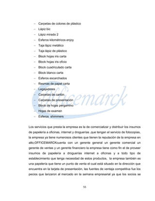  Carpetas de colores de plástico
    Lápiz bic
    Lápiz mirado 2
    Esferos kilométricos enjoy
    Taja lápiz metálico
    Taja lápiz de plástico
    Block hojas iris carta
    Block hojas iris oficio
    Block cuadriculado carta
    Block blanco carta
    Esferos escarchados
    Resmas de papel carta
    Legajadores
    Carpetas de cartón
    Carpetas de presentación
    Block de hojas pergamino
    Hojas de examen
    Esferos shimmers


Los servicios que presta la empresa es la de comercializar y distribuir los insumos
de papelería a oficinas, internet y droguerías ,que tengan el servicio de fotocopias,
la empresa ya tiene numerosos clientes que tienen la reputación de la empresa en
alto,OFFICEMARCKcuenta con un gerente general un gerente comercial un
gerente de ventas y un gerente financiero la empresa tiene como fin el de proveer
insumos de papelería a droguerías internet a oficinas y a todo tipo de
establecimiento que tenga necesidad de estos productos, la empresa también es
una papelería que tiene un punto de venta el cual está situado en la dirección que
encuentra en la tarjeta de presentación, las fuentes de ventaja competitiva fue los
pecios que lanzaron al mercado en la semana empresarial ya que los socios se



                                         55
 