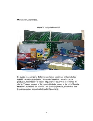 Mercancía./Merchandise.



                         Figura 25. Fotografía Producción




Se puede observar parte de la mercancía que se compro en la ciudad de
Bogotá, de nuestro proveedor Cacharrería Medellín. La marca de los
productos, la cantidad y el tipo se adquieren de acuerdo a al demanda del
cliente./You can see part of the commodity to be bought in the city of Bogota,
Medellin Cacharrería our supplier. The brand of products, the amount and
type are acquired according to the client's demand.




                                    88
 