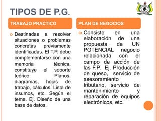 TIPOS DE P.G.
 Destinadas a resolver
situaciones o problemas
concretas previamente
identificadas. El T.P. debe
complementarse con una
memoria técnica,
constituye el soporte
teórico: Planos,
diagramas, hojas de
trabajo, cálculos. Lista de
insumos, etc. Según el
tema. Ej. Diseño de una
base de datos.
 Consiste en una
elaboración de una
propuesta de UN
POTENCIAL negocio
relacionada con el
campo de acción de
las F.P. Ej. Producción
de queso, servicio de
asesoramiento
tributario, servicio de
mantenimiento y
reparación de equipos
electrónicos, etc.
TRABAJO PRACTICO PLAN DE NEGOCIOS
 