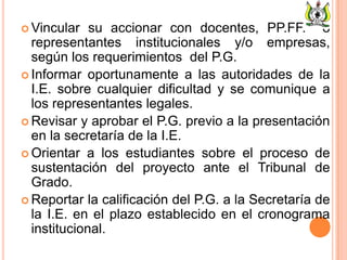  Vincular su accionar con docentes, PP.FF. o
representantes institucionales y/o empresas,
según los requerimientos del P.G.
 Informar oportunamente a las autoridades de la
I.E. sobre cualquier dificultad y se comunique a
los representantes legales.
 Revisar y aprobar el P.G. previo a la presentación
en la secretaría de la I.E.
 Orientar a los estudiantes sobre el proceso de
sustentación del proyecto ante el Tribunal de
Grado.
 Reportar la calificación del P.G. a la Secretaría de
la I.E. en el plazo establecido en el cronograma
institucional.
 