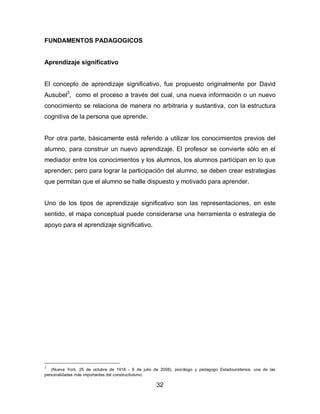 FUNDAMENTOS PADAGOGICOS


Aprendizaje significativo


El concepto de aprendizaje significativo, fue propuesto originalmente por David
Ausubel3, como el proceso a través del cual, una nueva información o un nuevo
conocimiento se relaciona de manera no arbitraria y sustantiva, con la estructura
cognitiva de la persona que aprende.


Por otra parte, básicamente está referido a utilizar los conocimientos previos del
alumno, para construir un nuevo aprendizaje. El profesor se convierte sólo en el
mediador entre los conocimientos y los alumnos, los alumnos participan en lo que
aprenden; pero para lograr la participación del alumno, se deben crear estrategias
que permitan que el alumno se halle dispuesto y motivado para aprender.


Uno de los tipos de aprendizaje significativo son las representaciones, en este
sentido, el mapa conceptual puede considerarse una herramienta o estrategia de
apoyo para el aprendizaje significativo.




3
   (Nueva York, 25 de octubre de 1918 - 9 de julio de 2008), psicólogo y pedagogo Estadounidense, una de las
personalidades más importantes del constructivismo.

                                                    32
 