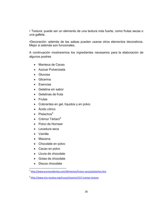 • Textura: puede ser un elemento de una textura más fuerte, como frutas secas o
una galleta.

•Decoración: además de las salsas pueden usarse otros elementos decorativos.
Mejor si además son funcionales.

A continuación mostraremos los ingredientes necesarios para la elaboración de
algunos postres

          Manteca de Cacao
          Azúcar Pulverizada
          Glucosa
          Glicerina
          Esencias
          Gelatina sin sabor
          Gelatinas de fruta
          Frutas
          Colorantes en gel, líquidos y en polvo
          Ácido cítrico
          Pistachos5
          Crémor Tártaro6
          Polvo de Hornear
          Levadura seca
          Vainilla
          Maicena
          Chocolate en polvo
          Cacao en polvo
          Lluvia de chocolate
          Gotas de chocolate
          Discos chocolate

5
    http://www.euroresidentes.com/Alimentos/frutos-secos/pistachos.htm
6
    http://www.mis-recetas.org/trucos/mostrar/317-cremor-tartaro




                                                   26
 