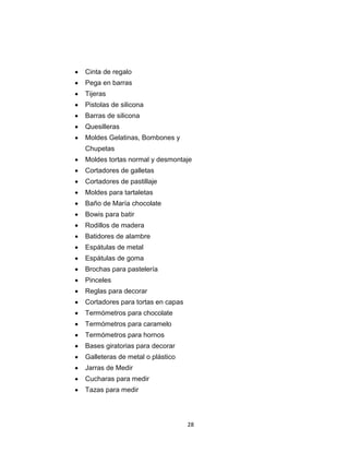 Cinta de regalo
Pega en barras
Tijeras
Pistolas de silicona
Barras de silicona
Quesilleras
Moldes Gelatinas, Bombones y
Chupetas
Moldes tortas normal y desmontaje
Cortadores de galletas
Cortadores de pastillaje
Moldes para tartaletas
Baño de María chocolate
Bowis para batir
Rodillos de madera
Batidores de alambre
Espátulas de metal
Espátulas de goma
Brochas para pastelería
Pinceles
Reglas para decorar
Cortadores para tortas en capas
Termómetros para chocolate
Termómetros para caramelo
Termómetros para hornos
Bases giratorias para decorar
Galleteras de metal o plástico
Jarras de Medir
Cucharas para medir
Tazas para medir




                                  28
 
