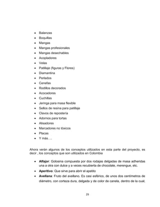 Balanzas
      Boquillas
      Mangas
      Mangas profesionales
      Mangas desechables
      Acopladores
      Velas
      Patillaje (figuras y Flores)
      Diamantina
      Perlados
      Cenefas
      Rodillos decorados
      Acocadores
      Cuchillas
      Jeringa para masa flexible
      Sellos de resina para patillaje
      Clavos de repostería
      Adornos para tortas
      Alisadores
      Marcadores no tóxicos
      Placas
      Y más….


Ahora verán algunos de los conceptos utilizados en esta parte del proyecto, es
decir , los conceptos que son utilizados en Colombia

      Alfajor: Golosina compuesta por dos rodajas delgadas de masa adheridas
      una a otra con dulce y a veces recubierta de chocolate, merengue, etc.
      Aperitivo: Que sirve para abrir el apetito
      Avellana: Fruto del avellano. Es casi esférico, de unos dos centímetros de
      diámetro, con corteza dura, delgada y de color de canela, dentro de la cual,



                                        29
 