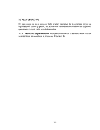 3.3 PLAN OPERATIVO

En este punto se da a conocer todo el plan operativo de la empresa como su
organización, costos y gastos, etc. En el cual se establecen una serie de objetivos
que deberá cumplir cada uno de los socios.

3.3.1 Estructura organizacional. Aquí podrán visualizar la estructura con la cual
se organiza o se constituye la empresa. (Figura n° 4).




                                        56
 