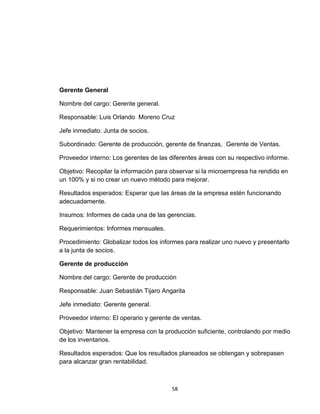 Gerente General

Nombre del cargo: Gerente general.

Responsable: Luis Orlando Moreno Cruz

Jefe inmediato: Junta de socios.

Subordinado: Gerente de producción, gerente de finanzas, Gerente de Ventas.

Proveedor interno: Los gerentes de las diferentes áreas con su respectivo informe.

Objetivo: Recopilar la información para observar si la microempresa ha rendido en
un 100% y si no crear un nuevo método para mejorar.

Resultados esperados: Esperar que las áreas de la empresa estén funcionando
adecuadamente.

Insumos: Informes de cada una de las gerencias.

Requerimientos: Informes mensuales.

Procedimiento: Globalizar todos los informes para realizar uno nuevo y presentarlo
a la junta de socios.

Gerente de producción

Nombre del cargo: Gerente de producción

Responsable: Juan Sebastián Tijaro Angarita

Jefe inmediato: Gerente general.

Proveedor interno: El operario y gerente de ventas.

Objetivo: Mantener la empresa con la producción suficiente, controlando por medio
de los inventarios.

Resultados esperados: Que los resultados planeados se obtengan y sobrepasen
para alcanzar gran rentabilidad.



                                        58
 