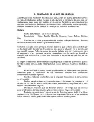 1. GENERACIÓN DE LA IDEA DEL NEGOCIO
A continuación se mostraran las ideas que se tuvieron en cuenta para el desarrollo
de las actividades que se han llevado a cabo durante el transcurso de año, para ver
si algunas de estas ideas son factibles en el entorno. También se verá los diferentes
cambios que ha tenido la idea de negocio escogida y el impacto que ha generado.
De igual manera se dará a conocer la investigación realizada en el entorno.
Historia
Fecha de fundación 20 de mayo del 2012
Fundadores
Helen Castillo, Ricardo Moscoso, Hugo Beltrán, Cristian
Díaz
Cambios de nombre y explicación del nombre y slogan definitivo
teníamos el nombre de Aroma’s y finalmente Pullcro’s

Primero

Se había escogido en un principio Aroma’s debido a que se tenía planeado trabajar
en la elaboración de jabones, limpiadores, etc., pero la situación no lo permitió,así
que decidió escoger Pullcro’s porque se quería trabajar solo con implementos para
el aseo como lo son escobas, traperos, recogedores, etc. La razón por la cual se
escogió este nombre fue porque este transmite la sensación de pulcritud en un
ambiente.
El slogan el lado limpio de la vida fue escogido porque en este se quiere decir que en
la vida de cada persona debe haber pulcritud y aseo para que mejore su calidad de
vida.
Alcances En el momento hemos podido contactar varias personas que nos
colaboren para la fabricación de los productos, también han aumentado
notablemente nuestros ingresos.
Cambios notables en el entorno de la empresa Variación de la competencia
en el mercado
Fechas y explicaciones sobre adquisiciones o decisiones de importancia 19
de julio de 2012 se dio apertura al libro contable, este sirvió como guía de inicio para
llevar a cabo la idea de negocio.
Obstáculos mayores que se debieron afrontar el tiempo que se necesita
para la fabricación de los productos y la competencia que hay en el mercado
Periodos de crecimiento y de enfriamiento Del 6 de agosto de 2012 al 11 de
septiembre de 2012 fue un periodo de crecimiento y desde última fecha las ventas no
han aumentado mucho, por lo contrariolo que aumentan son los gastos.

12

 