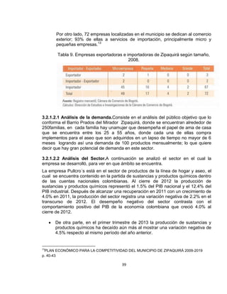 Por otro lado, 72 empresas localizadas en el municipio se dedican al comercio
exterior; 93% de ellas a servicios de importación, principalmente micro y
pequeñas empresas.13
Tabla 9. Empresas exportadoras e importadoras de Zipaquirá según tamaño,
2008.

3.2.1.2.1 Análisis de la demanda.Consiste en el análisis del público objetivo que lo
conforma el Barrio Prados del Mirador Zipaquirá, donde se encuentran alrededor de
250familias, en cada familia hay unamujer que desempeña el papel de ama de casa
que se encuentra entre los 25 a 55 años, donde cada una de ellas compra
implementos para el aseo que son adquiridos en un lapso de tiempo no mayor de 6
meses logrando así una demanda de 100 productos mensualmente; lo que quiere
decir que hay gran potencial de demanda en este sector.
3.2.1.2.2 Análisis del Sector.A continuación se analizó el sector en el cual la
empresa se desarrolló, para ver en que ámbito se encuentra.
La empresa Pullcro´s está en el sector de productos de la línea de hogar y aseo, el
cual se encuentra contenido en la partida de sustancias y productos químicos dentro
de las cuentas nacionales colombianas. Al cierre de 2012 la producción de
sustancias y productos químicos representó el 1.5% del PIB nacional y el 12.4% del
PIB industrial. Después de alcanzar una recuperación en 2011 con un crecimiento de
4.0% en 2011, la producción del sector registra una variación negativa de 2.2% en el
transcurso de 2012. El desempeño negativo del sector contrasta con el
comportamiento positivo del PIB de la economía colombiana que creció 4.0% al
cierre de 2012.
De otra parte, en el primer trimestre de 2013 la producción de sustancias y
productos químicos ha decaído aún más al mostrar una variación negativa de
4.5% respecto al mismo período del año anterior.

13

PLAN ECONÓMICO PARA LA COMPETITIVIDAD DEL MUNICIPIO DE ZIPAQUIRÁ 2009-2019
p. 40-43

39

 