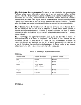 3.2.9 Estrategia de Comunicación.En cuanto a las estrategias de comunicación
Pullcro’s utiliza varias alternativas como es el uso de volantes, vallas, afiches,
pendón y tarjetas de presentación, como medio tangible; y como medio intangible se
encuentra su sitio web, reconocimiento en Hotmail, Twitter, Facebook, Gmail y
demás redes sociales, para lograr abarcar un espacio de reconocimiento para los
clientes, donde puedan dar sus reclamos, sugerencias de mejoramiento y contarles
a los demás y a la empresa, que tan satisfechos se encuentran con los productos.
3.2.10 Estrategia de Servicio.Básicamente es una forma de atraer clientes, dentro
de las estrategias de servicio que la empresa Pullcro’s ofrece como opción de
servicio entrega del producto a domicilio y a buenos modos de pago y además
mostramos gran variedad de productos con diferentes colores diseños y con muy
buena calidad.
3.2.11 Estrategia de aprovisionamiento.Este punto se describe la forma de
aprovisionamiento que tiene la empresa
en cuanto a los precios de los
materiales,créditos o descuentos por parte de los proveedores, volumen de
productos adquiridos y pagos en efectivo etc. Nosotros compramos los productos en
el sur de Bogotá en los alrededores de la estación de Santa Lucia, ya que en este
sitio encontramos a los proveedores con diferentes productos.

Tabla 14. Estrategia de aprovisionamiento.
ESCOBA:

TRAPERO

47

 