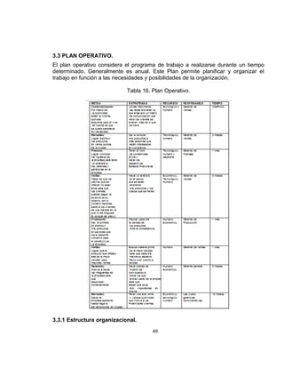 3.3 PLAN OPERATIVO.
El plan operativo considera el programa de trabajo a realizarse durante un tiempo
determinado. Generalmente es anual. Este Plan permite planificar y organizar el
trabajo en función a las necesidades y posibilidades de la organización.
Tabla 16. Plan Operativo.

3.3.1 Estructura organizacional.
49

 