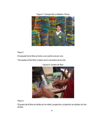 Figura 7. Compra De La Materia Prima

Paso 2
El paquete de la fibra se toma y se cuenta una por una.
The packet of the fibre is taken and is counted one by one.
Figura 8. Conteo de fibra

Paso 3.
El grupo de la fibra se dobla por la mitad y engancha y el gancho se aprieta con las
pinzas.
57

 