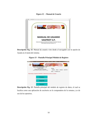 Figura 12 – Manual de Usuario

Descripción Fig. 12: Manual de usuario visto desde el navegador con la opción de
Ayuda en el menú del sistema.
Figura 13 – Pantalla Principal Módulo de Registro

Descripción Fig. 13: Pantalla principal del módulo de registro de datos, el cual se
localiza como una aplicación de escritorio en la computadora de la romana y es de
uso de los operarios.

53

 