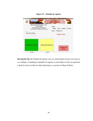 Figura 14 – Pantalla de registro

Descripción Fig. 14: Pantalla de registro; una vez seleccionado el turno con el que se
va a trabajar, se despliega la pantalla de registro, la cual indica el turno en operación
y desde la cual se reciben los datos del pesaje y se envían a la Base de Datos.

54

 