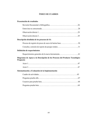 ÍNDICE DE CUADROS

Presentación de resultados
Revisión Documental o bibliográfica………………………………………..26
Entrevista no estructurada……………………………………………………28
Observación directa 1………………………………………………………..29
Observación directa 2………………………………………………………..29
Descripción detallada de los procesos de SA
Proceso de registro de pesos de sacos de harina base………………………..30
Consulta y emisión de reporte de pesajes totales…………………………….31
Definición de requerimientos
Requerimientos generales de la nueva herramienta………………………….41
Diagramas de Apoyo a la Descripción de los Procesos del Producto Tecnológico
Propuesto
Actor 1……………………………………………………………………….47
Actor 2……………………………………………………………………….47
Sistematización y Evaluación de la Implementación
Cuadro de actividades………………………………………………………65
Preguntas prueba alfa………………………………………………………...67
Usuarios para prueba beta……………………………………………………68
Preguntas prueba beta………………………………………………………..69

viii

 