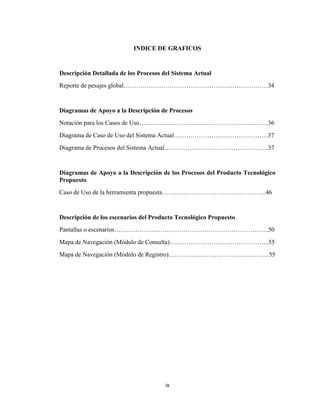 INDICE DE GRAFICOS

Descripción Detallada de los Procesos del Sistema Actual
Reporte de pesajes global……………………………………………………………34

Diagramas de Apoyo a la Descripción de Procesos
Notación para los Casos de Uso……………………………………………………..36
Diagrama de Caso de Uso del Sistema Actual………………………………………37
Diagrama de Procesos del Sistema Actual…………………………………………..37

Diagramas de Apoyo a la Descripción de los Procesos del Producto Tecnológico
Propuesto
Caso de Uso de la herramienta propuesta…………………………………………..46

Descripción de los escenarios del Producto Tecnológico Propuesto
Pantallas o escenarios………………………………………………………………..50
Mapa de Navegación (Módulo de Consulta)………………………………………...55
Mapa de Navegación (Módulo de Registro)…………………………………………55

ix

 