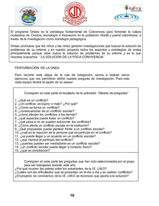 El programa Ondas es la estrategia fundamental de Colciencias para fomentar la cultura 
ciudadana de Ciencia, tecnología e Innovación en la población infantil y juvenil colombiana, a 
través de la investigación como estrategia pedagógica. 
Ondas promueve que los niños y las niñas generen investigaciones que buscan la solución de 
problemas de su entorno y en nuestro proyecto todos los aspectos y estrategias de ondas 
principalmente porque odas busca la solución de problemas de su entorno y es lo que 
nosotras buscamos ‘’LA SOLUCION DE LA POCA CONVIVENCIA’’ 
10 
PERTURBACIÓN DE LA ONDA 
Para recorrer esta etapa de la ruta de indagación, vamos a realizar varios 
ejercicios que nos permitirán definir nuestra pregunta de investigación. Para esto 
cada equipo tendrá la ayuda de su asesor 
Consignen en esta parte el resultado de la actividad: “Oleada de preguntas” 
1. ¿Qué es un conflicto? 
2. ¿Un conflicto es bueno o malo? ¿Por qué? 
3. ¿Cómo se forma un conflicto? 
4. ¿consecuencias de un conflicto escolar? 
5. ¿cómo afectan los conflictos a los demás? 
6. ¿qué aspectos puede tratar un conflicto? 
7. ¿qué pasa si no se pueden solucionar los conflictos? 
8. ¿Cómo afecta un conflicto escolar en la institución? 
9. ¿Qué propuestas puede plantear frente a un conflicto escolar? 
10. ¿cuál es la reacción de la persona que es participe en el conflicto? 
11. ¿se puede llegar a un acuerdo en un conflicto escolar? 
12. ¿que merece el partícipe del conflicto? 
13. ¿quiénes pueden ser mediadores en un conflicto escolar? 
14. ¿un conflicto escolar puede llegar a contacto físico? 
15. ¿qué es conciliación? 
Consignen en esta parte las preguntas que han sido seleccionadas por el grupo 
para ser trabajadas durante este año 
¿Por qué ocurren las peleas entre los estudiantes de la I.E J.M.O? 
¿Cuáles son las dificultades que se presentan en el día a día y se vuelven conflictos? 
¿El proyecto de convivencia de la I.E J.M.O se reconoce que aporta a la solución? 
 