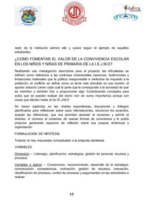 resto de la institución admire ello y quiera seguir el ejemplo de aquellos 
estudiantes. 
¿COMO FOMENTAR EL VALOR DE LA CONVIVENCIA ESCOLAR 
EN LOS NIÑOS Y NIÑAS DE PRIMARIA DE LA I.E.J.M.O? 
Realizando una investigación descriptiva para el proyecto, las dificultades se 
definen como referencia a las continuas innumerables carencias, restricciones y 
limitaciones materiales que la política irresponsable e inefectiva ha impuesto a la 
población, el conflicto se define como un tema más discutido en una reunión, el 
aportar solución Llevar cada cual la parte que le corresponde a la sociedad de que 
es miembro o también Dar o proporcionar algo Considerando conceptos para 
actos que se puedan evaluar del diario vivir de suma importancia porque son 
cosas que afectan hasta en la I.E.J.M.O 
Se hacen explícitas en las charlas espontáneas, discusiones y diálogos 
planificados para reflexionar sobre esas interrelaciones, reconocer los acuerdos, 
aceptar las diferencias, que nos permitan alcanzar el consenso y admitir el 
disenso. A convoca al consenso de nuevas formas de convivencia y lo podrá 
propiciar generando espacios de reflexión sobre sus propias dinámicas y 
organización 
17 
FORMULACION DE HIPOTESIS 
Todavía no hay respuestas conceptuales a la pregunta planteada 
VARIABLES 
Dimensión – Liderazgo, planificación, estrategias, gestión de personal, recursos y 
procesos 
Variables a aplicar – Compromiso, reconocimiento, desarrollo de la estrategia, 
comunicación, competencias, motivación, gestión de recursos, innovación, 
identificación de procesos, control de procesos y seguimientos en las actividades a 
realizar 
 