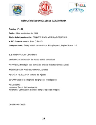 INSTITUCION EDUCATIVA JESUS MARIA ORMAZA 
25 
Practica N° = 02 
Fecha: 03 de septiembre del 2014 
Titulo de la investigación: CONVIVIR PARA VIVIR LA DIFERENCIA 
V. BO Docente asesor: Rosa O.Rendón 
Responsables: Wendy Martin, Laura Muñoz, EibbyTapasco, Angie Cepeda 11E 
EJE INTEGRADOR: Convivencia 
OBJETIVO: Construccion del marco teorico conseptual 
ACTIVIDAD: Investigar cual tecnica de analisis de datos vamos a utilizar 
METODOLOGIA: Arbol de problemas, apuntes 
FECHA A REALIZAR: 4 semana de Agosto 
LUGAR: Casa de la integrante del grupo de investigacion 
RECURSOS: 
Humanos: Grupo de investigacion 
Materiales: Computador, diario de campo, lapiceros (Propios) 
OBSERVACIONES: 
 