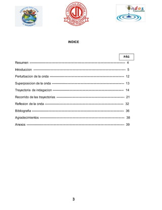 INDICE 
Resumen ------------------------------------------------------------------------------------------- 4 
Introduccion ---------------------------------------------------------------------------------------- 5 
Perturbacion de la onda ----------------------------------------------------------------------- 12 
Superposicion de la onda --------------------------------------------------------------------- 13 
Trayectoria de indagacion -------------------------------------------------------------------- 14 
Recorrido de las trayectorias ----------------------------------------------------------------- 21 
Reflexion de la onda --------------------------------------------------------------------------- 32 
Bibliografia ---------------------------------------------------------------------------------------- 36 
Agradecimientos --------------------------------------------------------------------------------- 38 
Anexos --------------------------------------------------------------------------------------------- 39 
3 
PÁG 
 