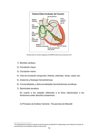 Cortesía http://tu-corazon.blogspot.com/2009/01/sistema-de-conduccion.html




    1) Bombeo cardiaco

    2) Circulación mayor

    3) Circulación menor

    4) Vías de circulación sanguínea: Arterias, arteriolas, venas, vasos; etc.

    5) Anatomía y fisiología hemodinámicas

    6) Funcionalidades y disfuncionalidades hemodinámicas somáticas

    7) Electricidad somática

         En cuanto a los acápites referentes a la física relacionados a los
         fenómenos antes descritos anotaremos:



         2) Principios de Análisis Vectorial.- 3Ecuaciones de Maxwell




3
  Es absolutamente necesario el estudio de las Ecuaciones de Maxwell en Imagenología; para entender el principio de
funcionamiento de los aparatos usados en ésta carrera
                                                        14
 
