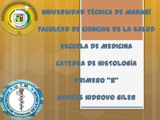 UNIVERSIDAD TÉCNICA DE MANABÍ

FACULTAD DE CIENCIAS DE LA SALUD

      ESCUELA DE MEDICINA

    CATEDRA DE HISTOLOGÍA

         PRIMERO “B”

     ANDRÉS HIDROVO GILER
 